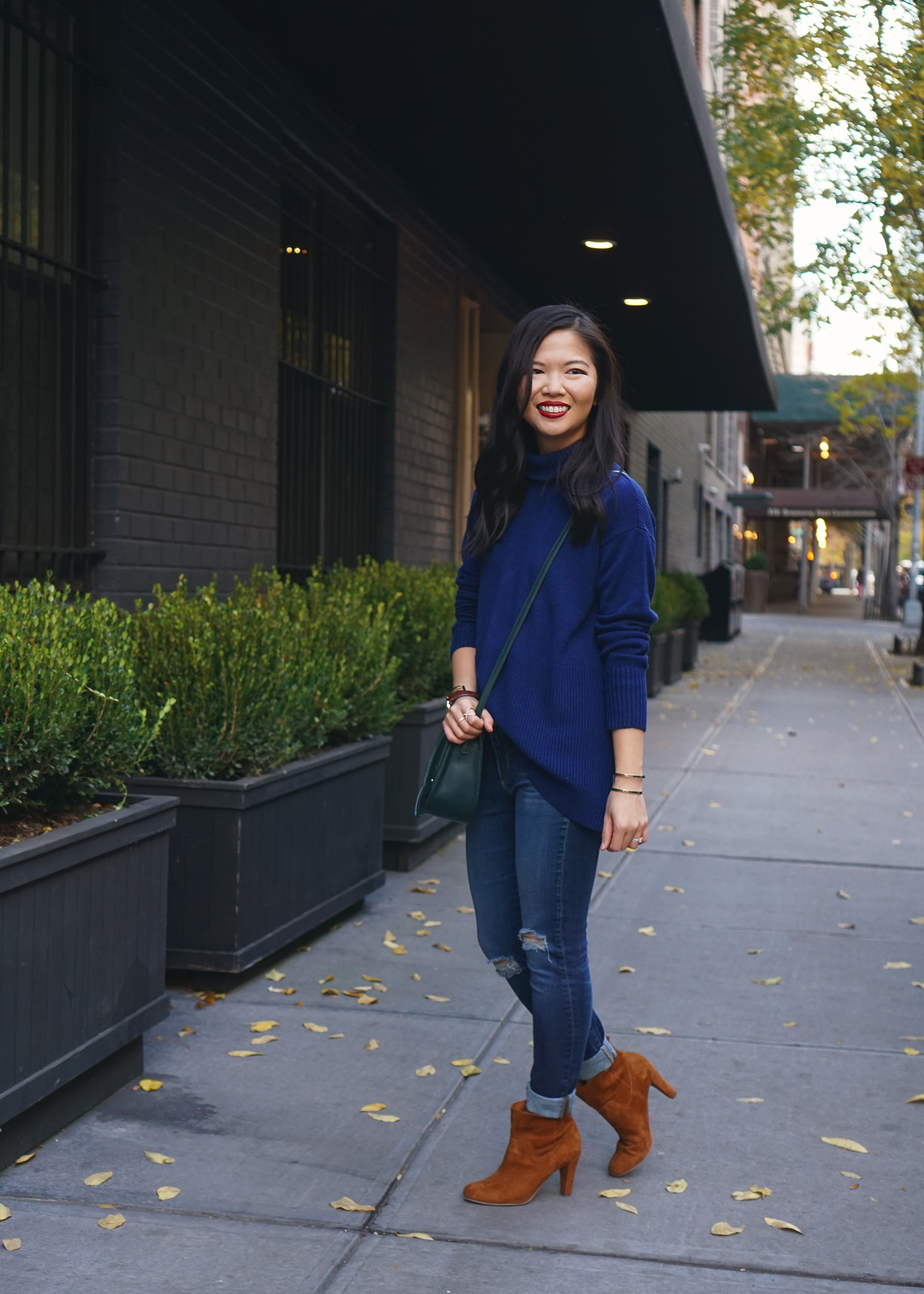 Casual Fall Outfit Idea: Navy Turtleneck & Ripped Jeans