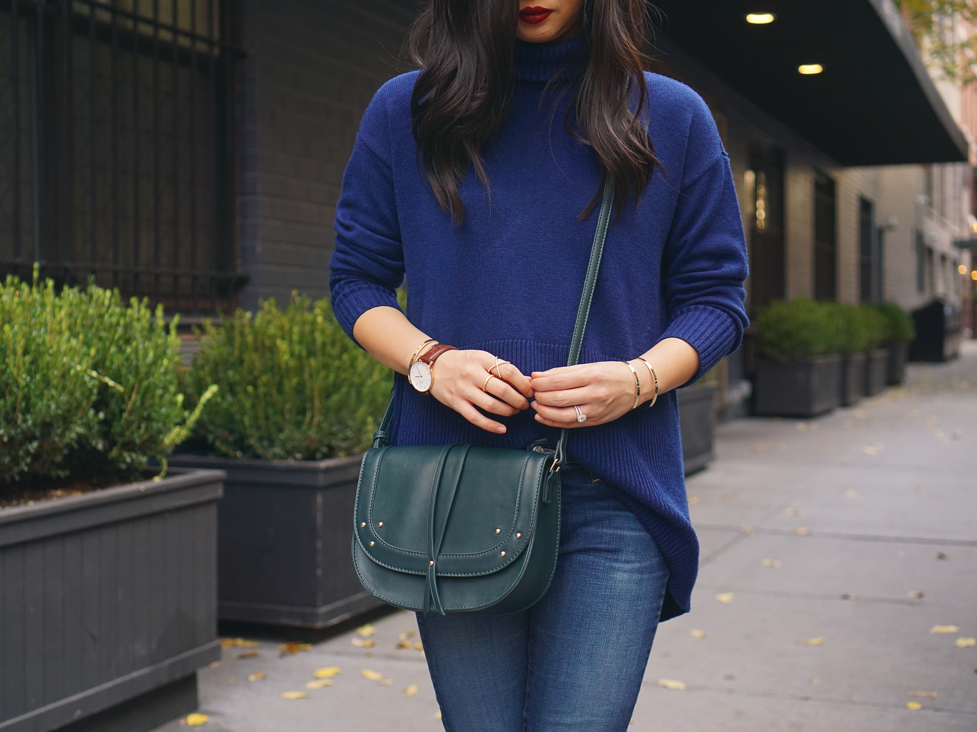 navy turtleneck outfit