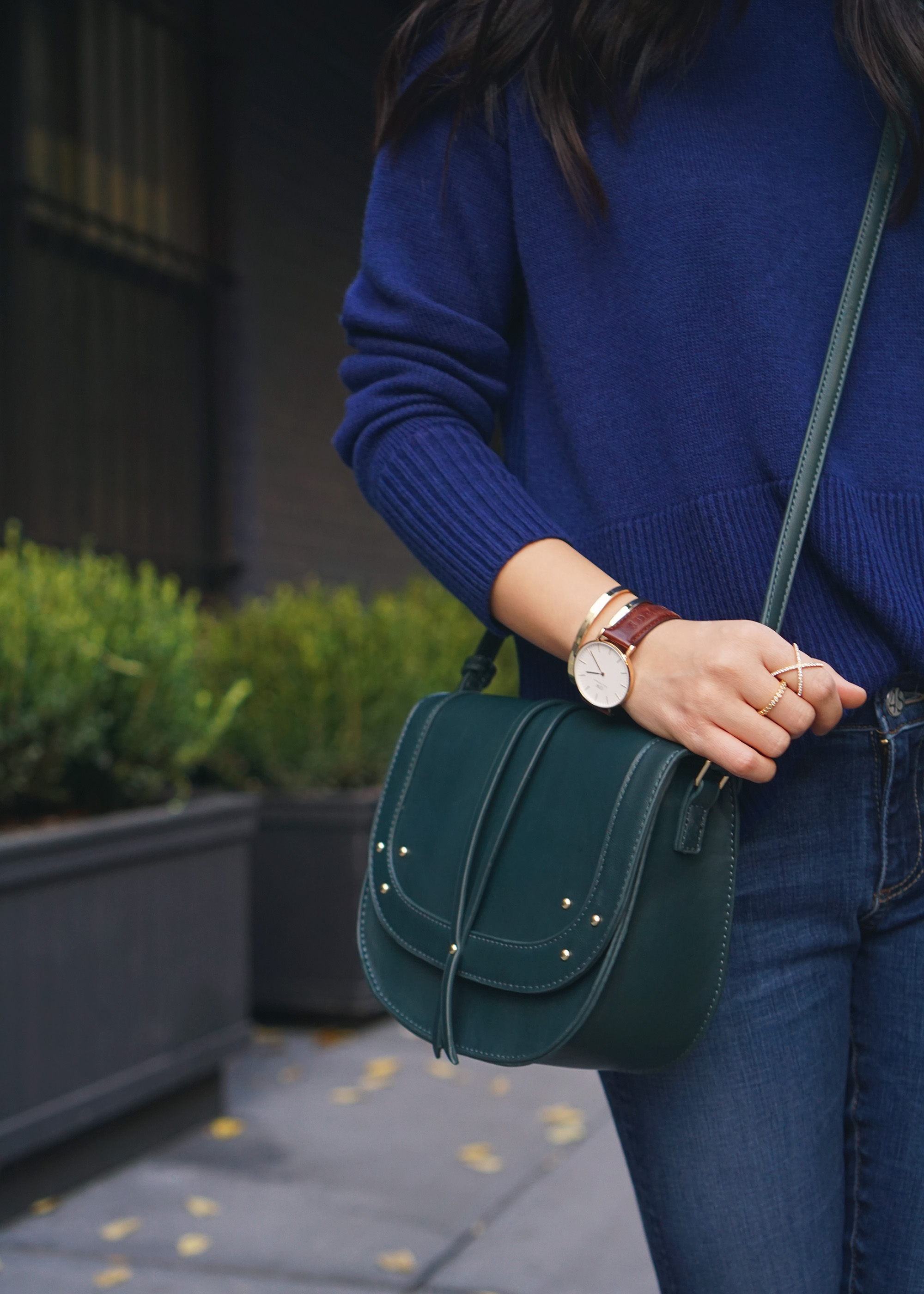 Casual Fall Outfit Idea: Navy Turtleneck & Ripped Jeans