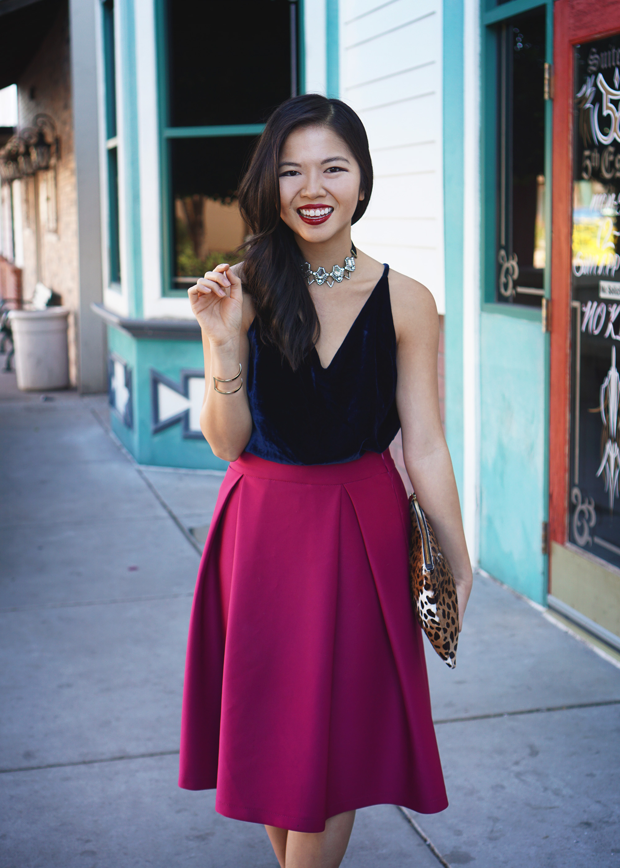Navy & Fuschia Holiday Party Outfit