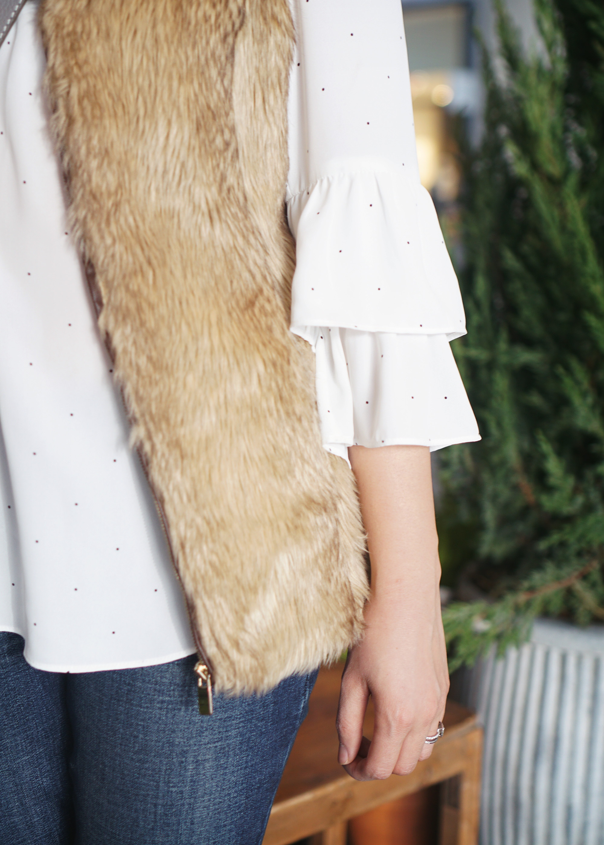 Winter Weekend Style: Faux Fur Vest & Ruffle Sleeve Blouse