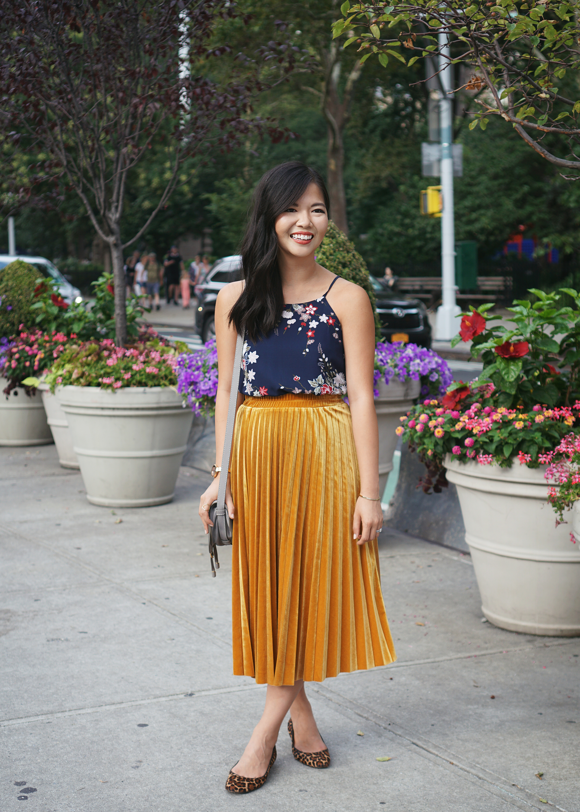Fall Outfit Inspiration: Navy Floral Top & Mustard Velvet Skirt