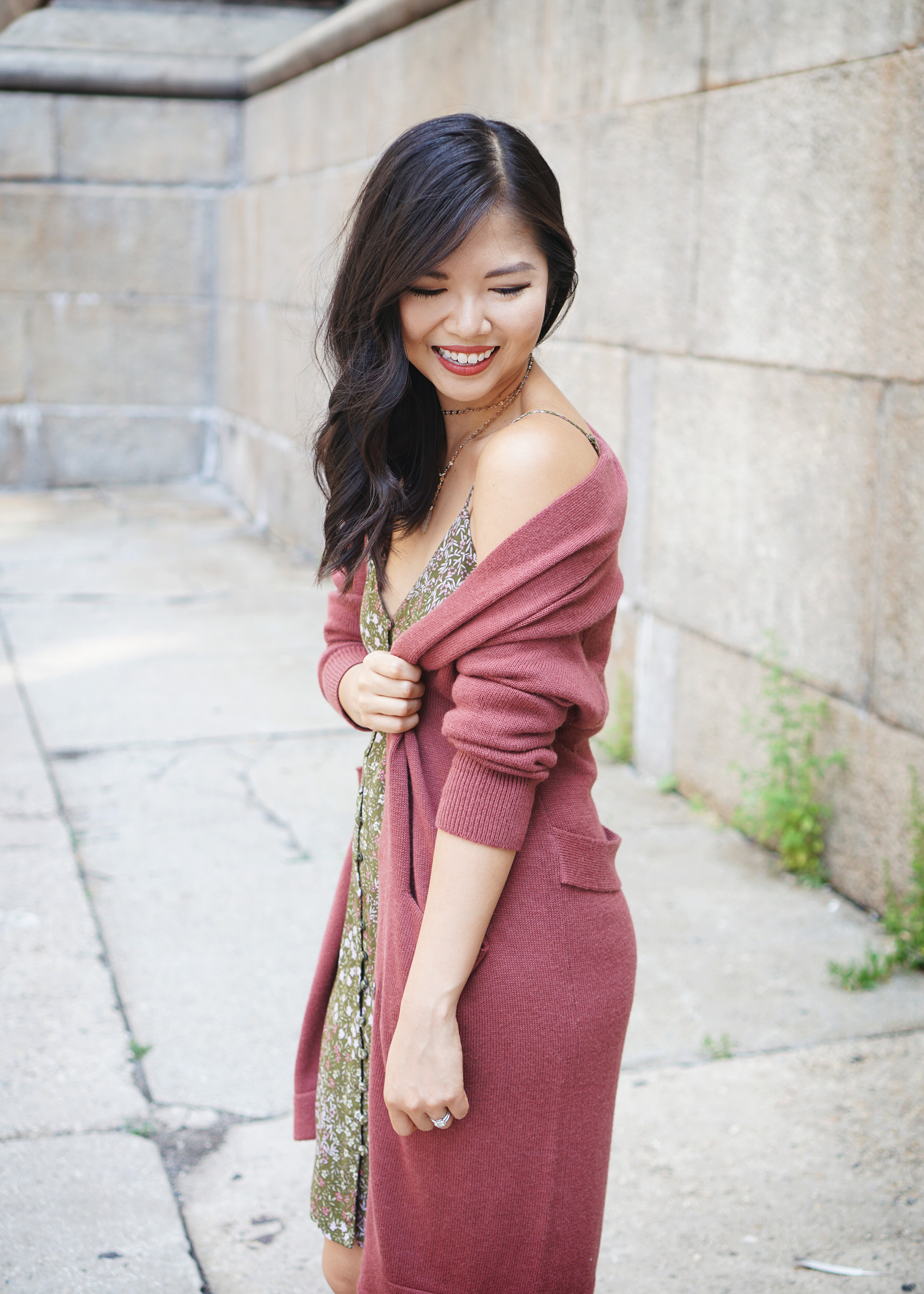 Fall Outfit Inspiration: Long Cardigan & Floral Slip Dress