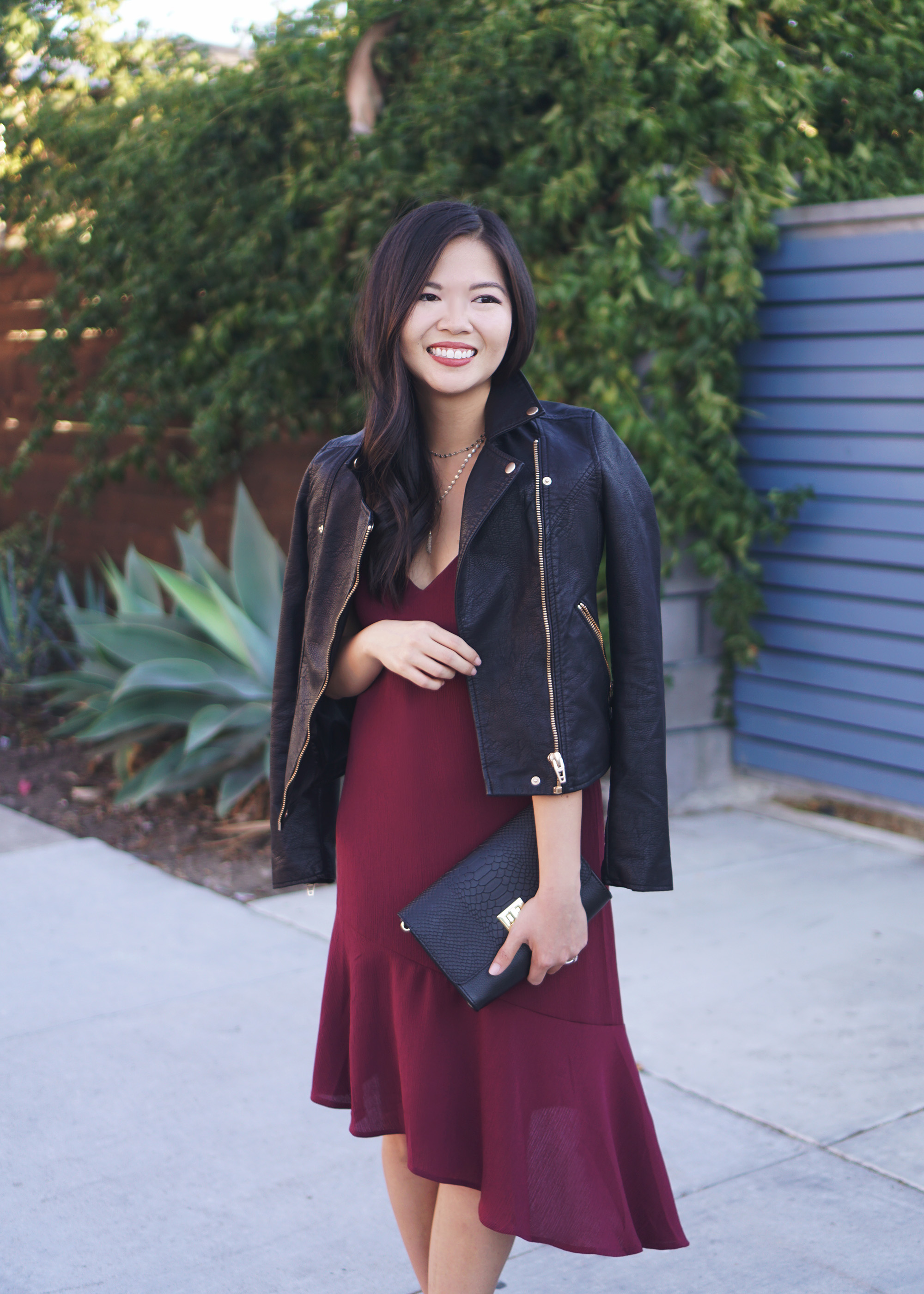 Fall Fashion: Leather Jacket & Burgundy Dress