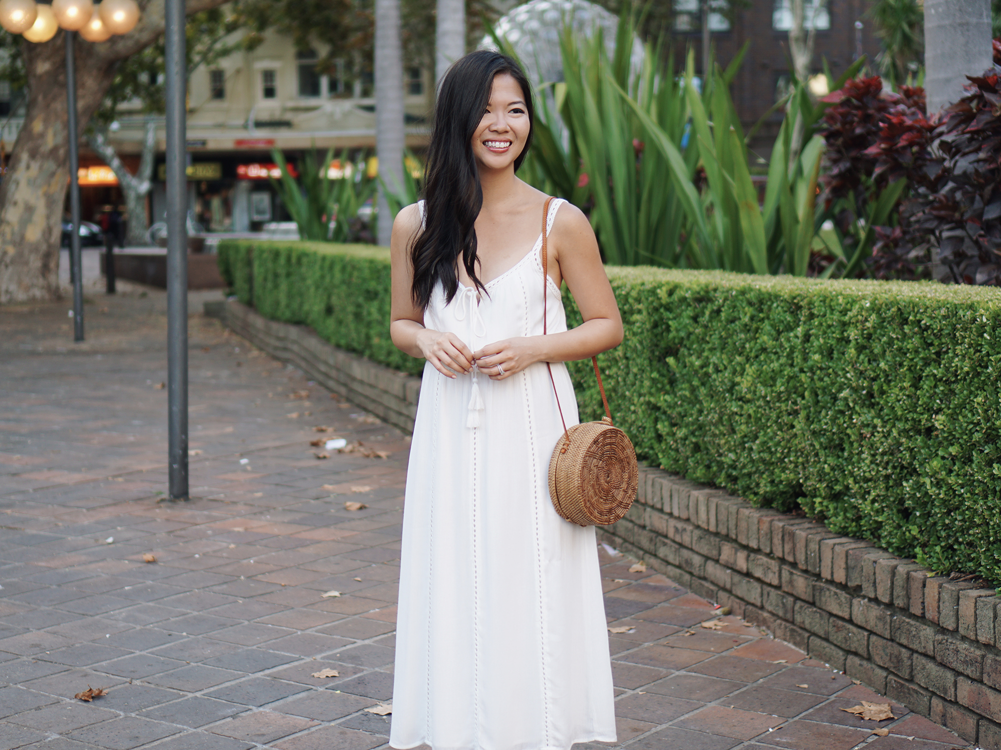 Vacation Style / White Maxi Dress & Straw Bag