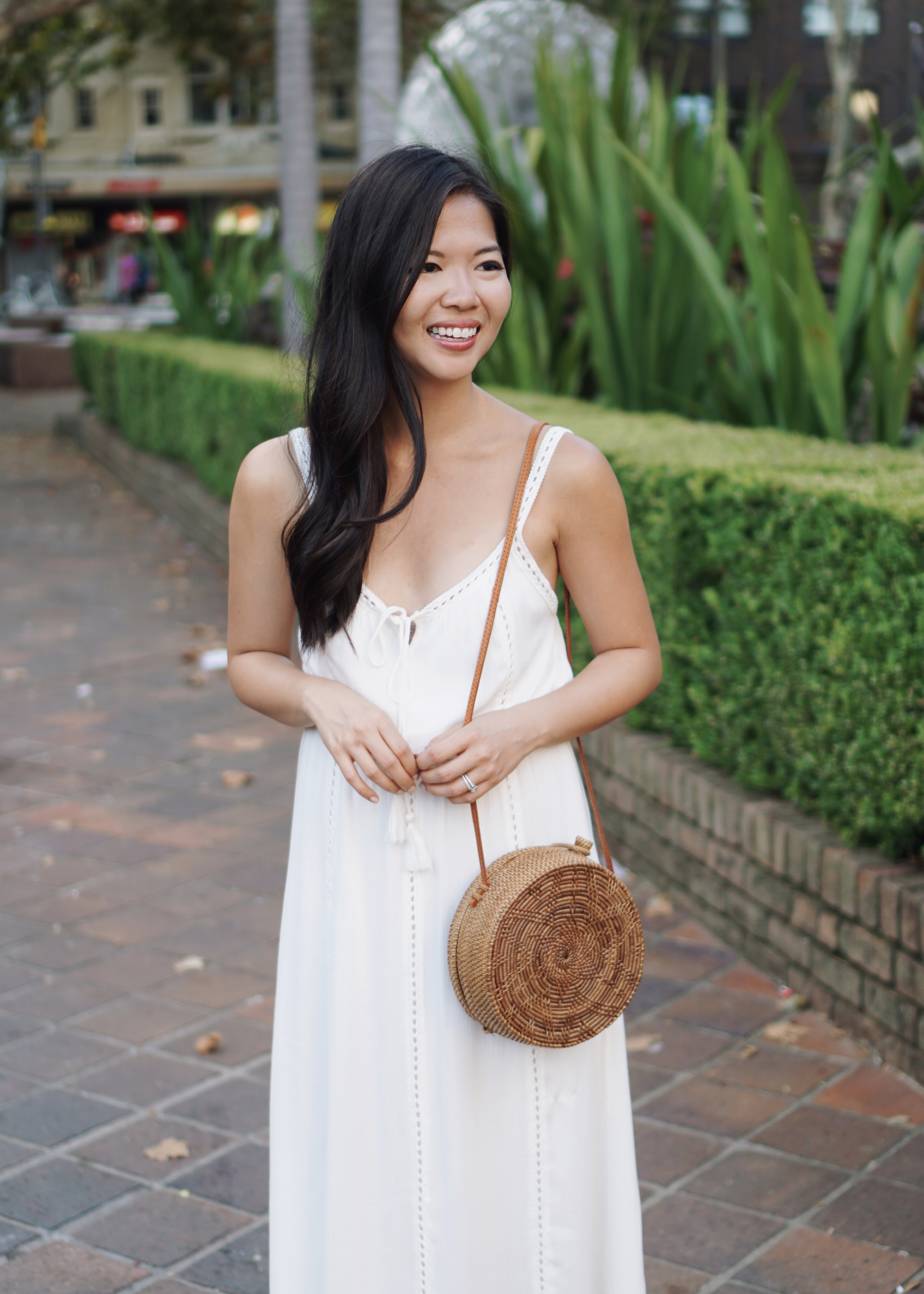 Vacation Style / White Maxi Dress & Straw Bag