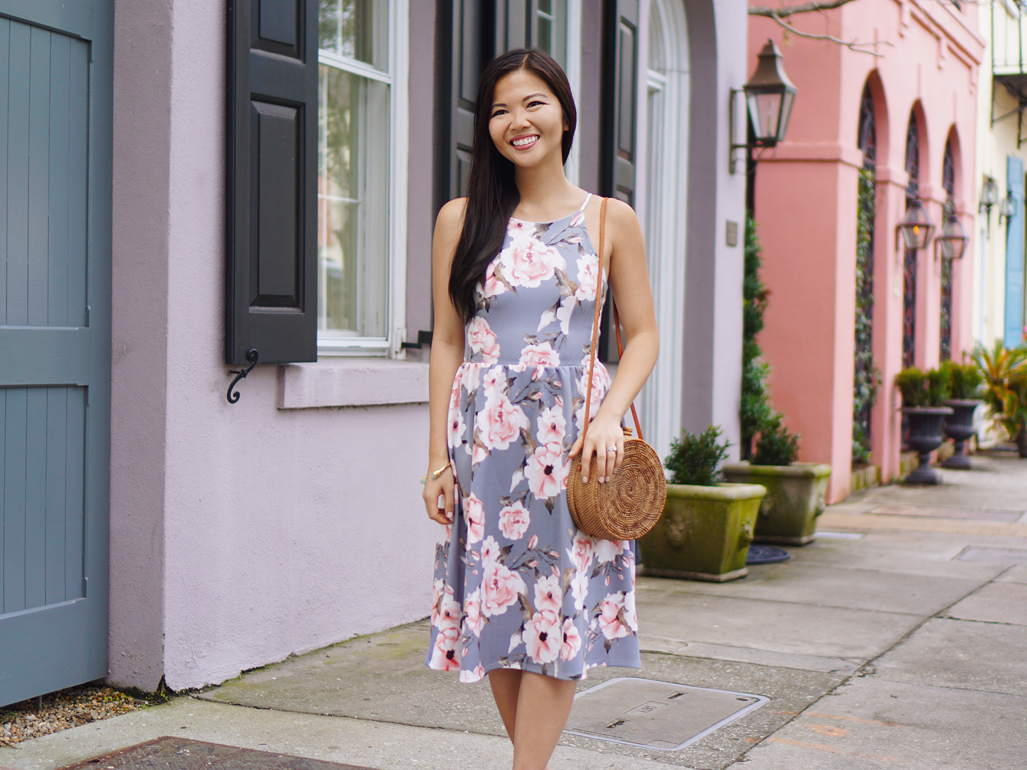 Spring Outfit Idea / Gray & Pink Floral Dress