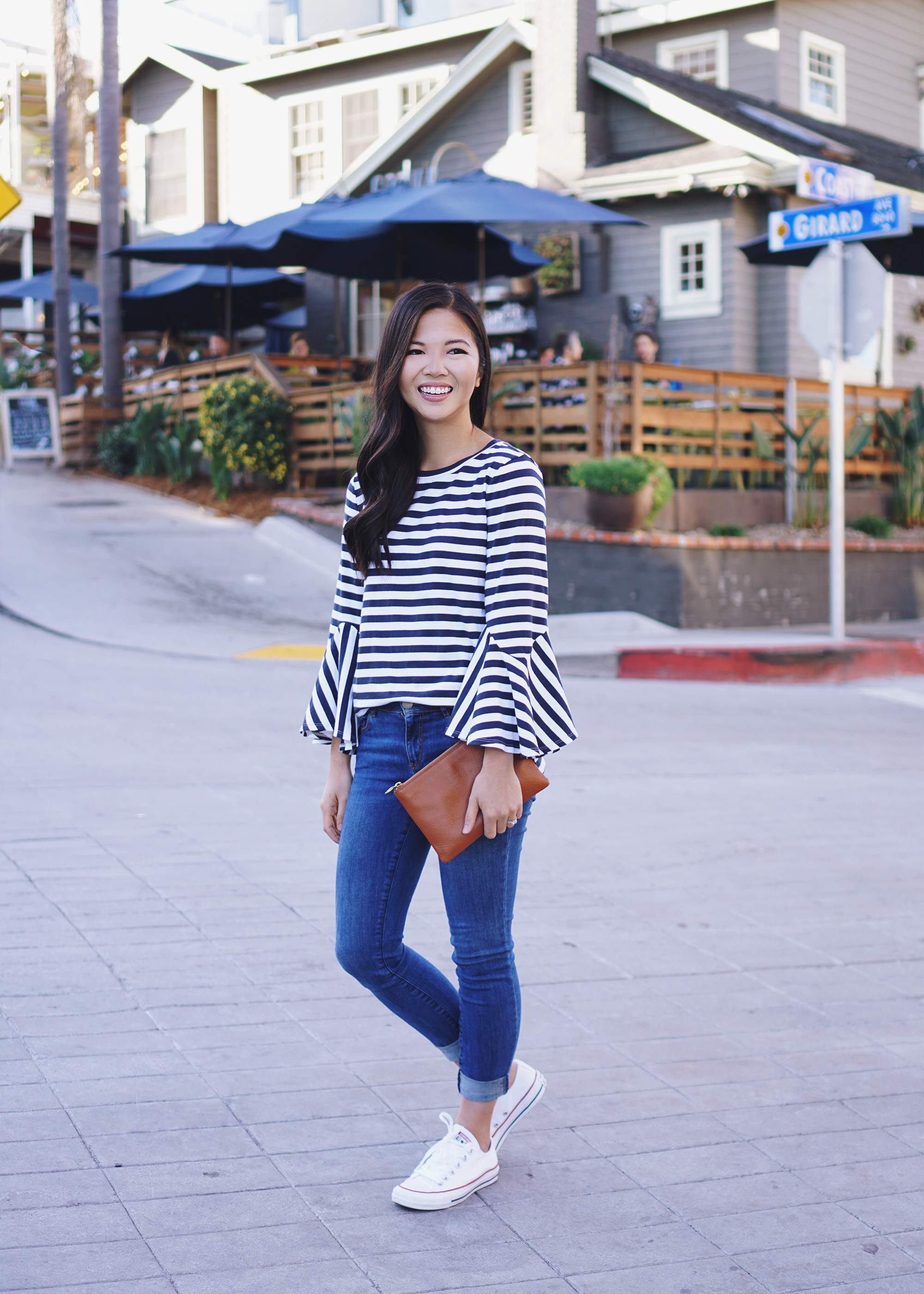 Navy and White Striped Bell Sleeve Top & Skinny Jeans