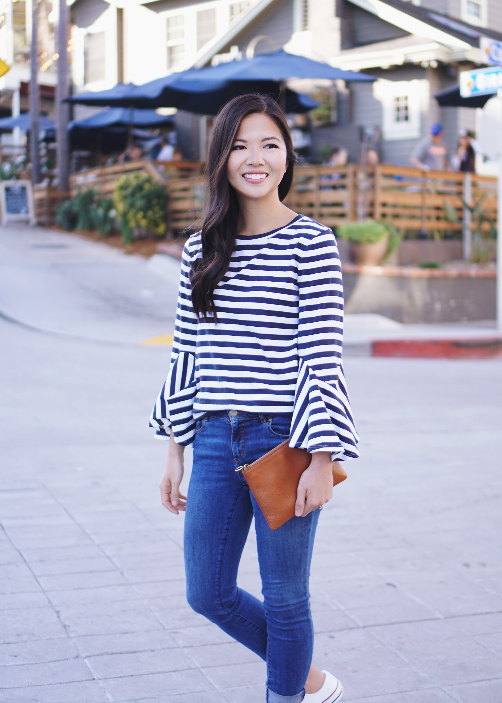 Navy and White Striped Bell Sleeve Top