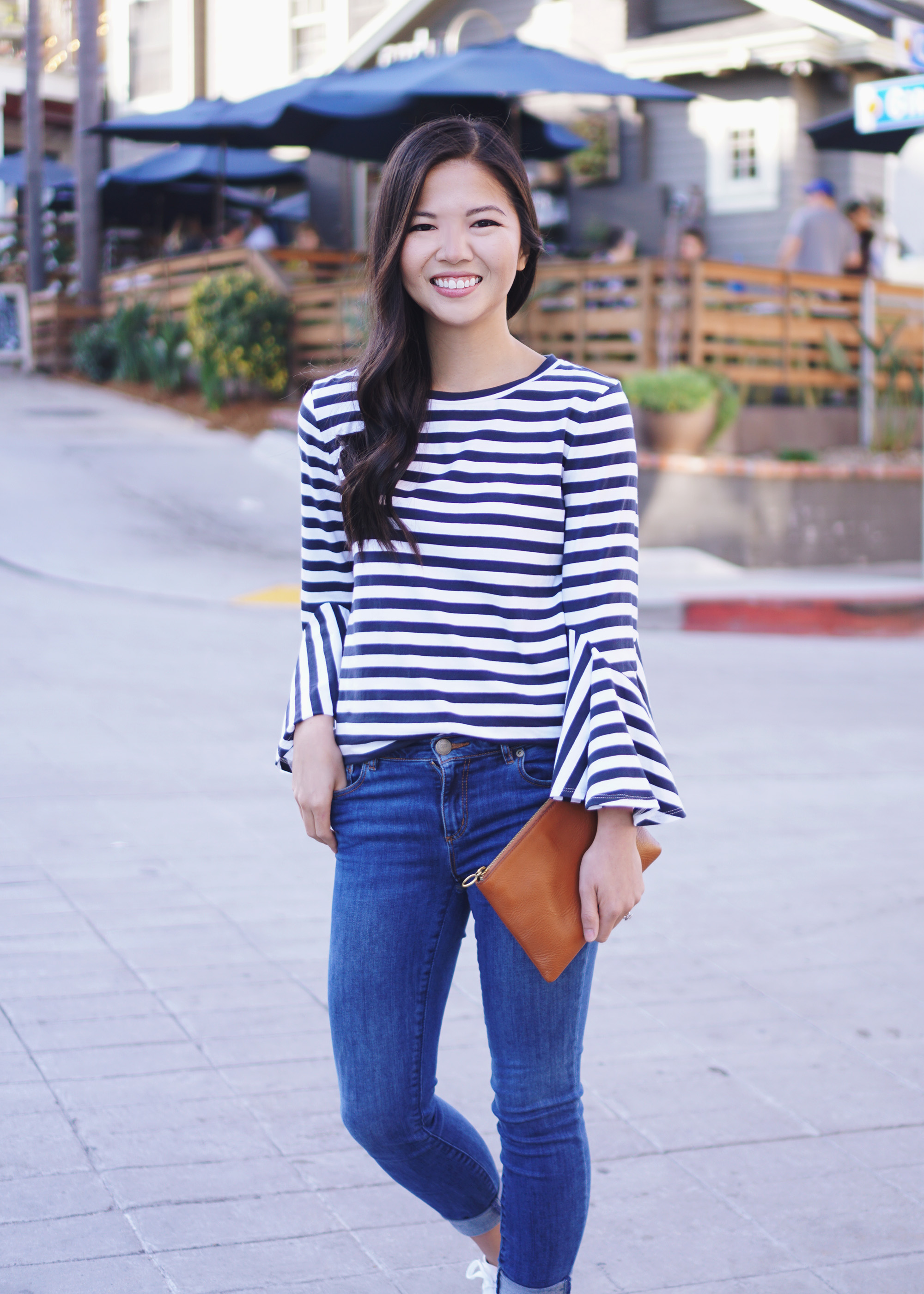 Navy and White Striped Bell Sleeve Top