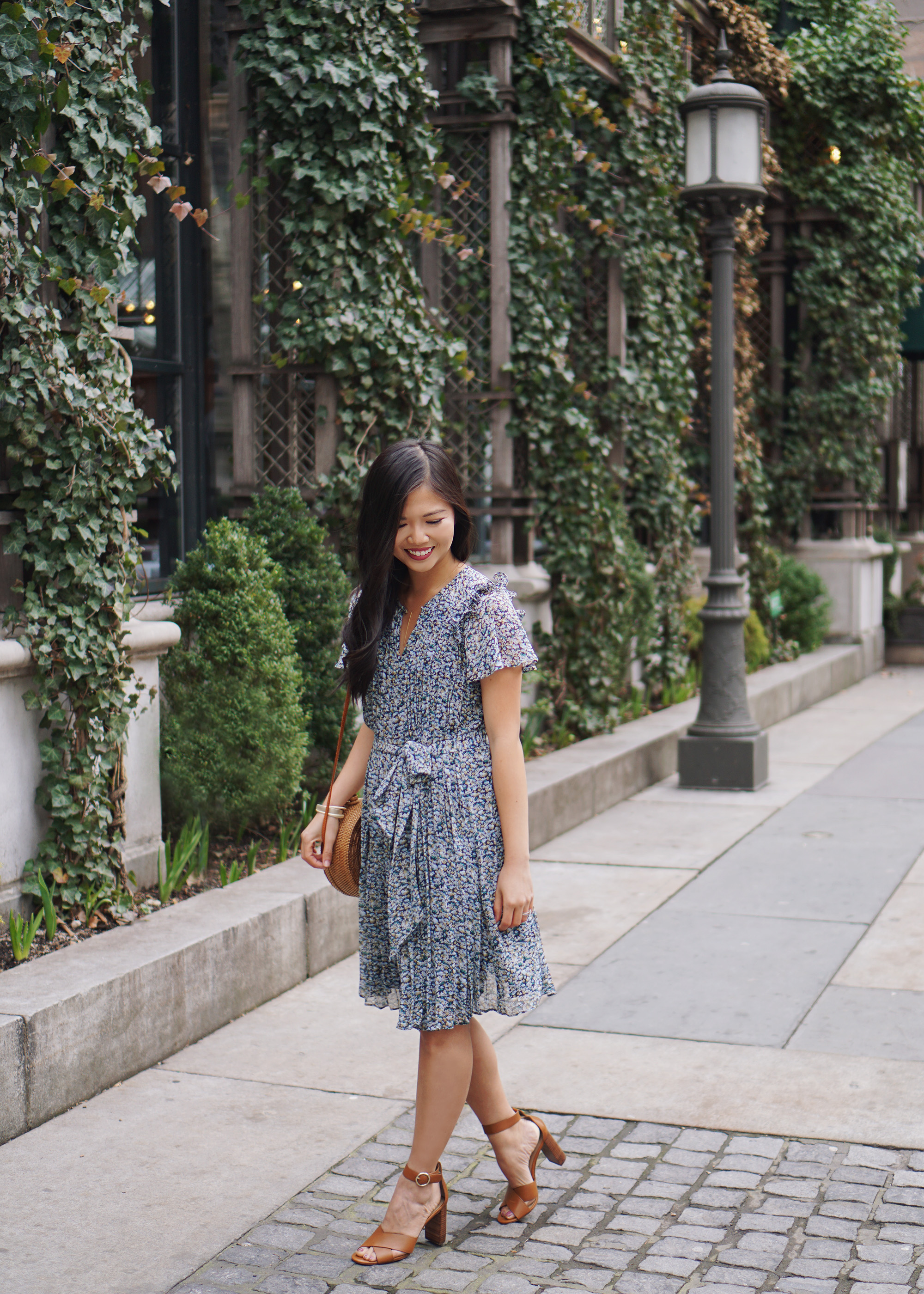 Spring Outfit Idea / Floral Dress & Straw Circle Bag