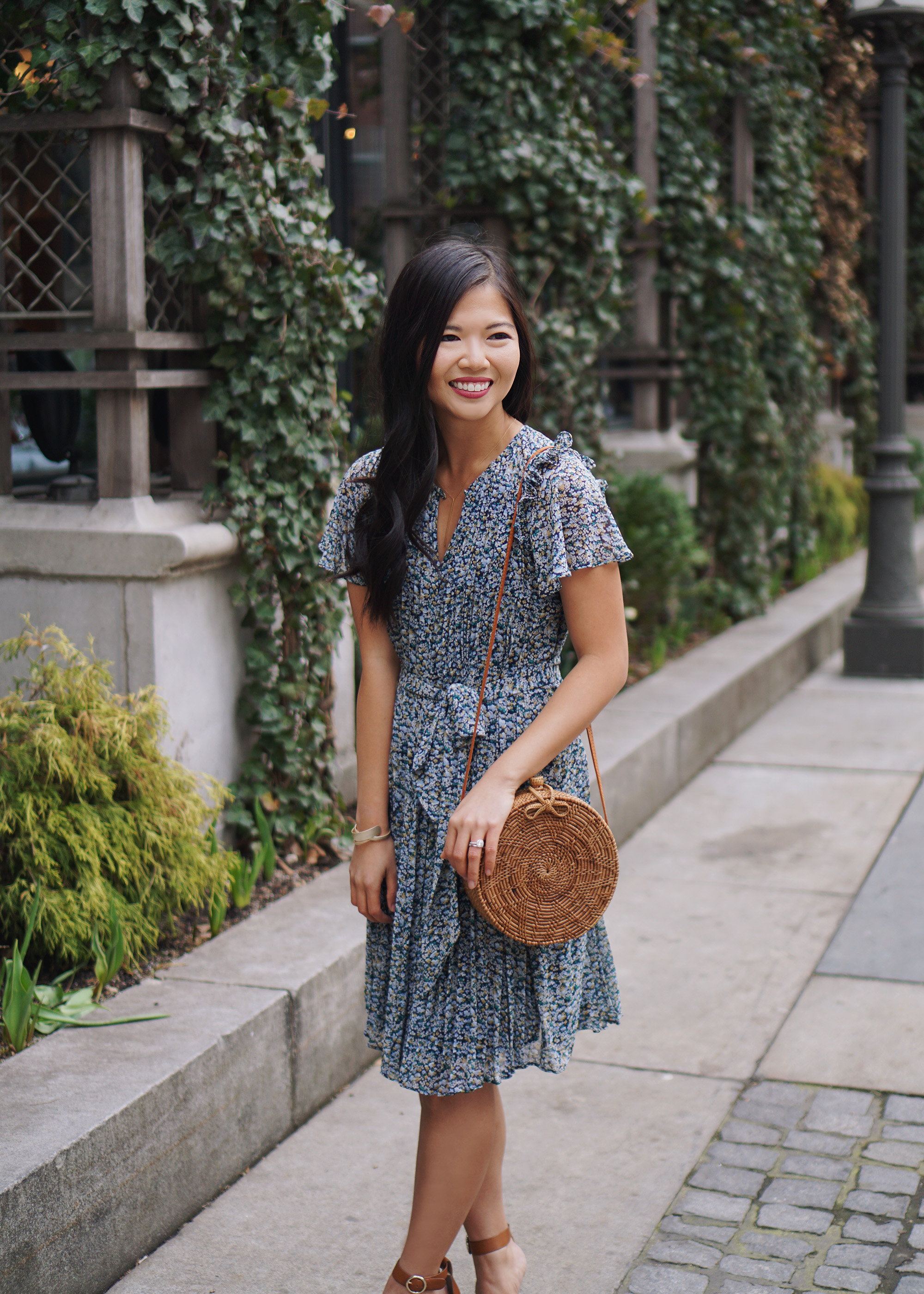 Spring Outfit Idea / Floral Dress & Straw Circle Bag