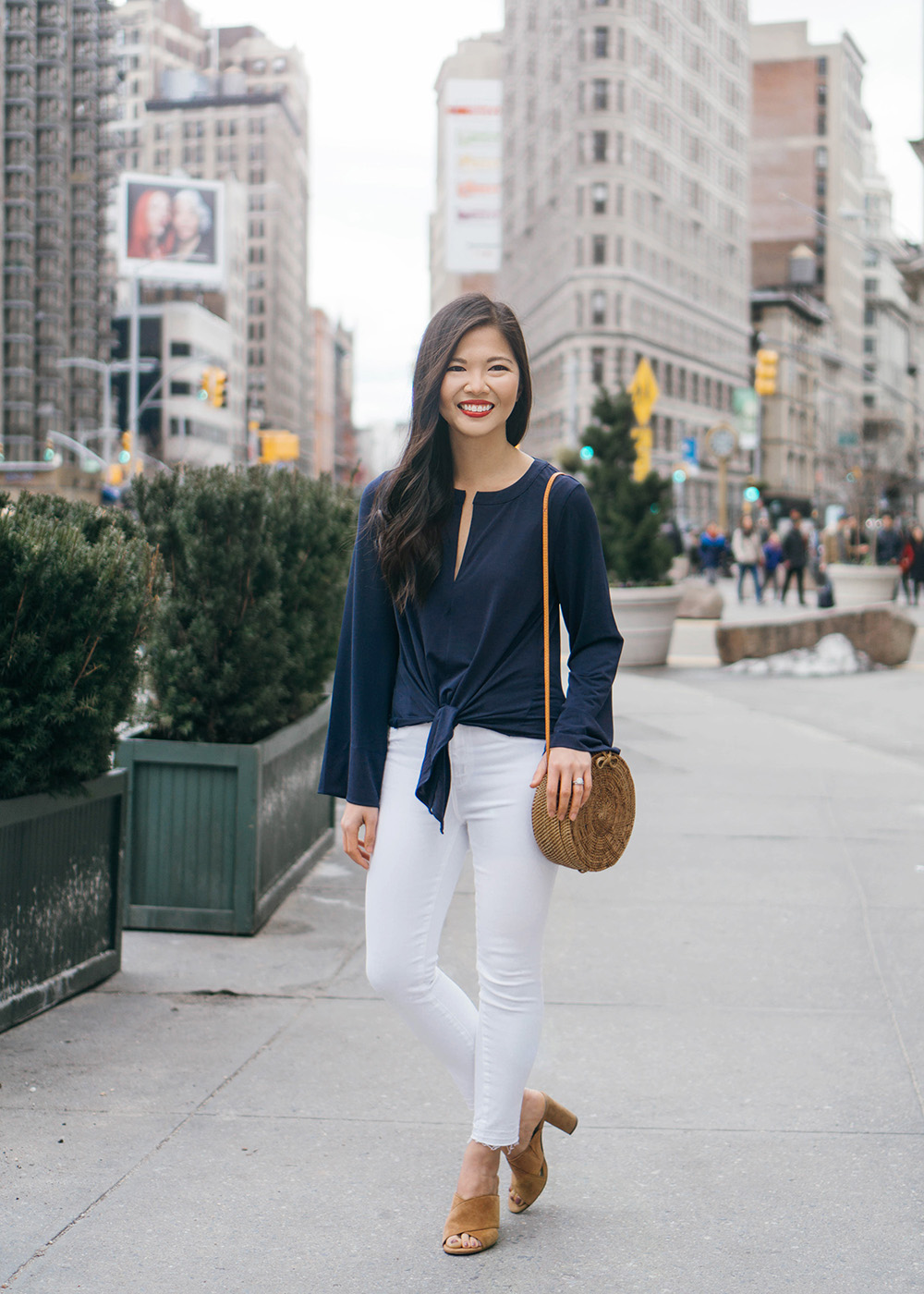 Spring Style / Navy Tie Front Top & White Jeans