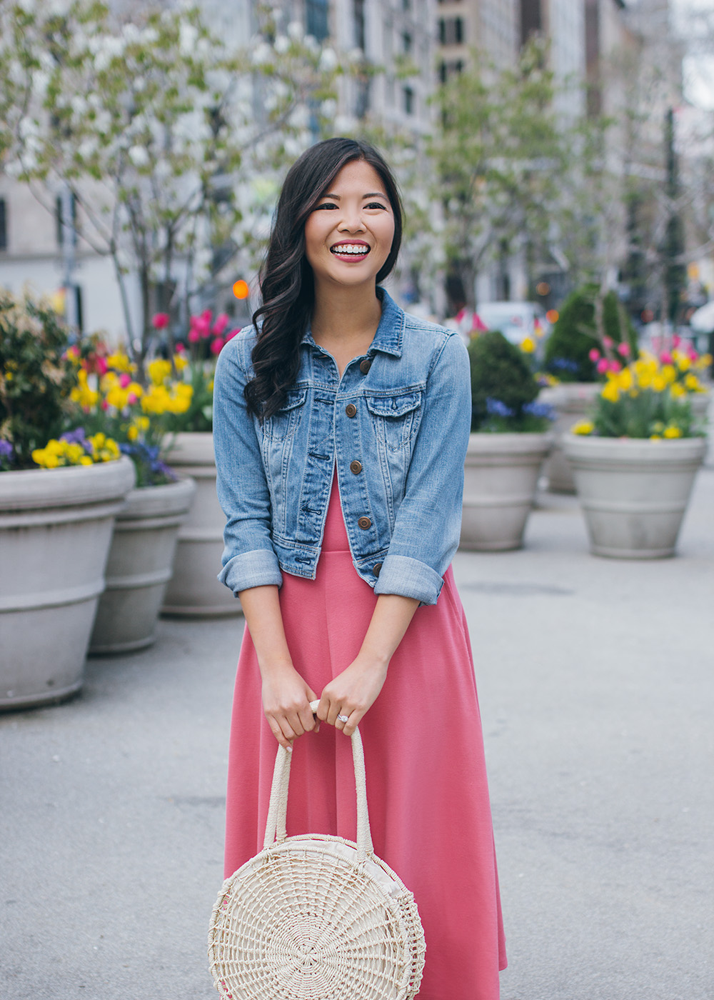 Casual Spring Outfit / Pink Dress & Denim Jacket