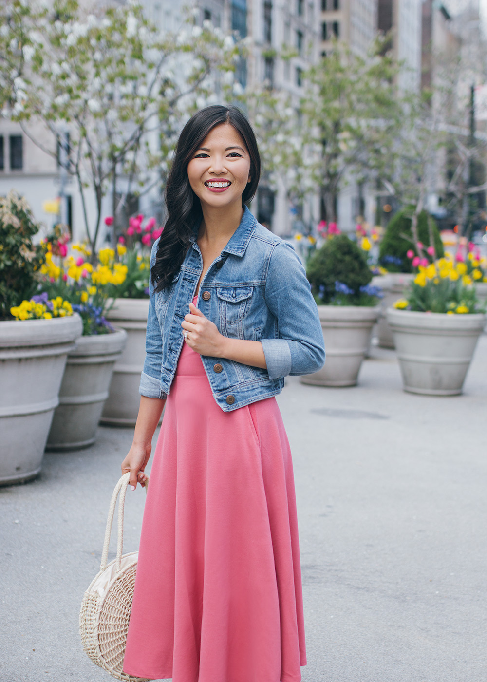 Casual Spring Outfit / Pink Dress & Denim Jacket