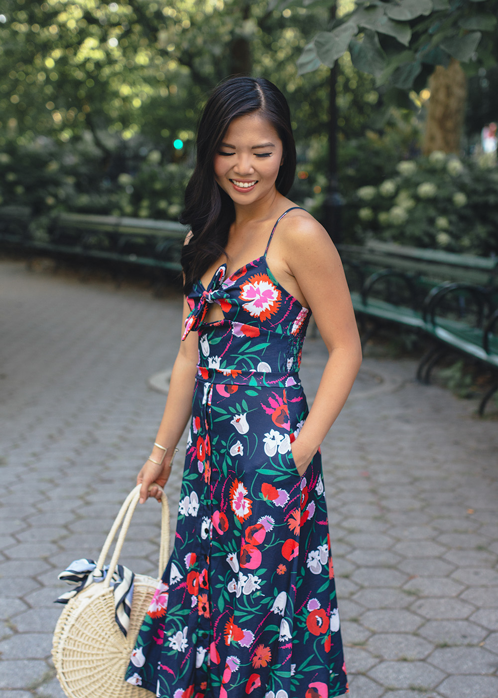 Summer Style / Navy & Pink Floral Dress with Pockets