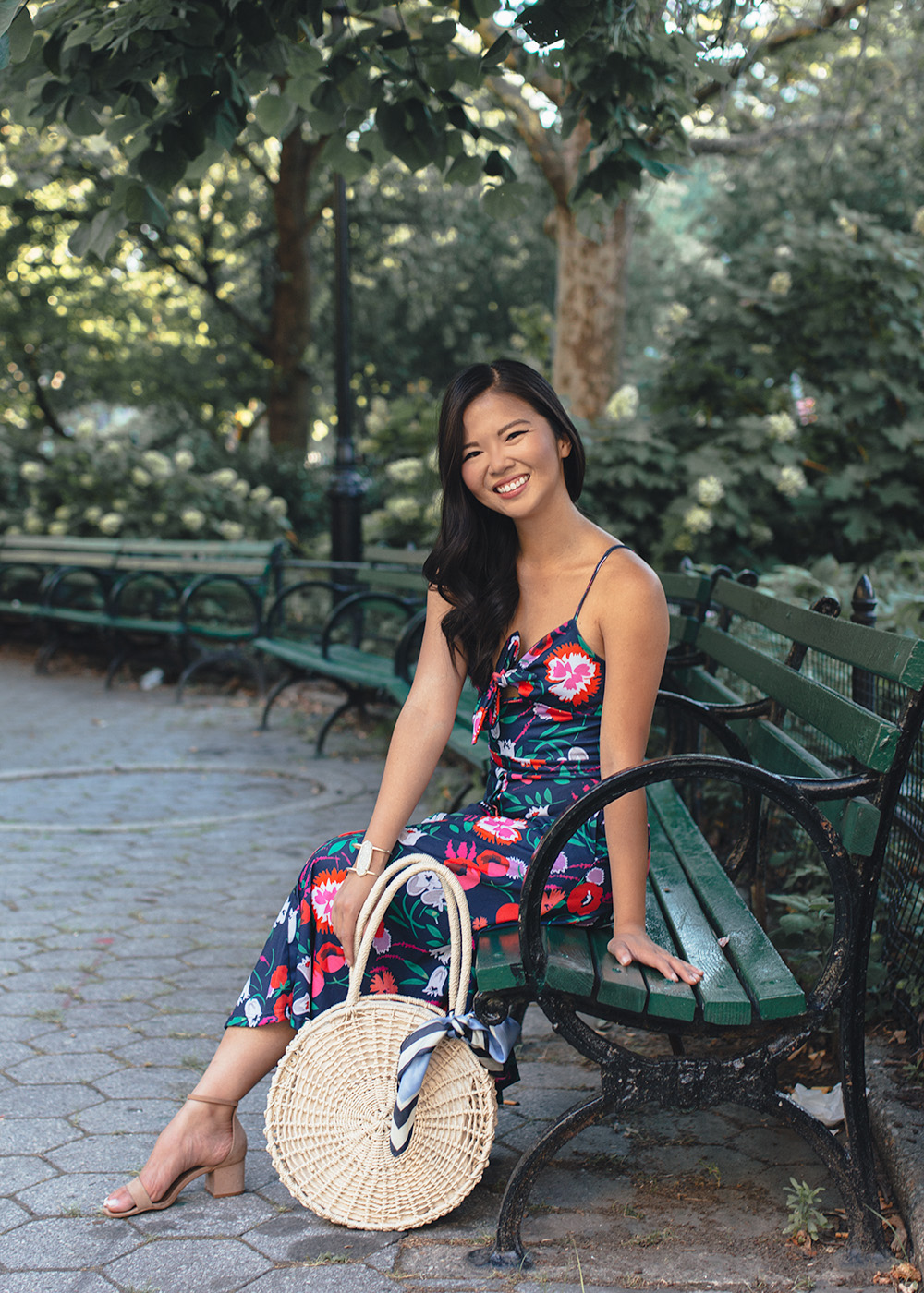 Summer Style / Floral Dress and Straw Circle Bag