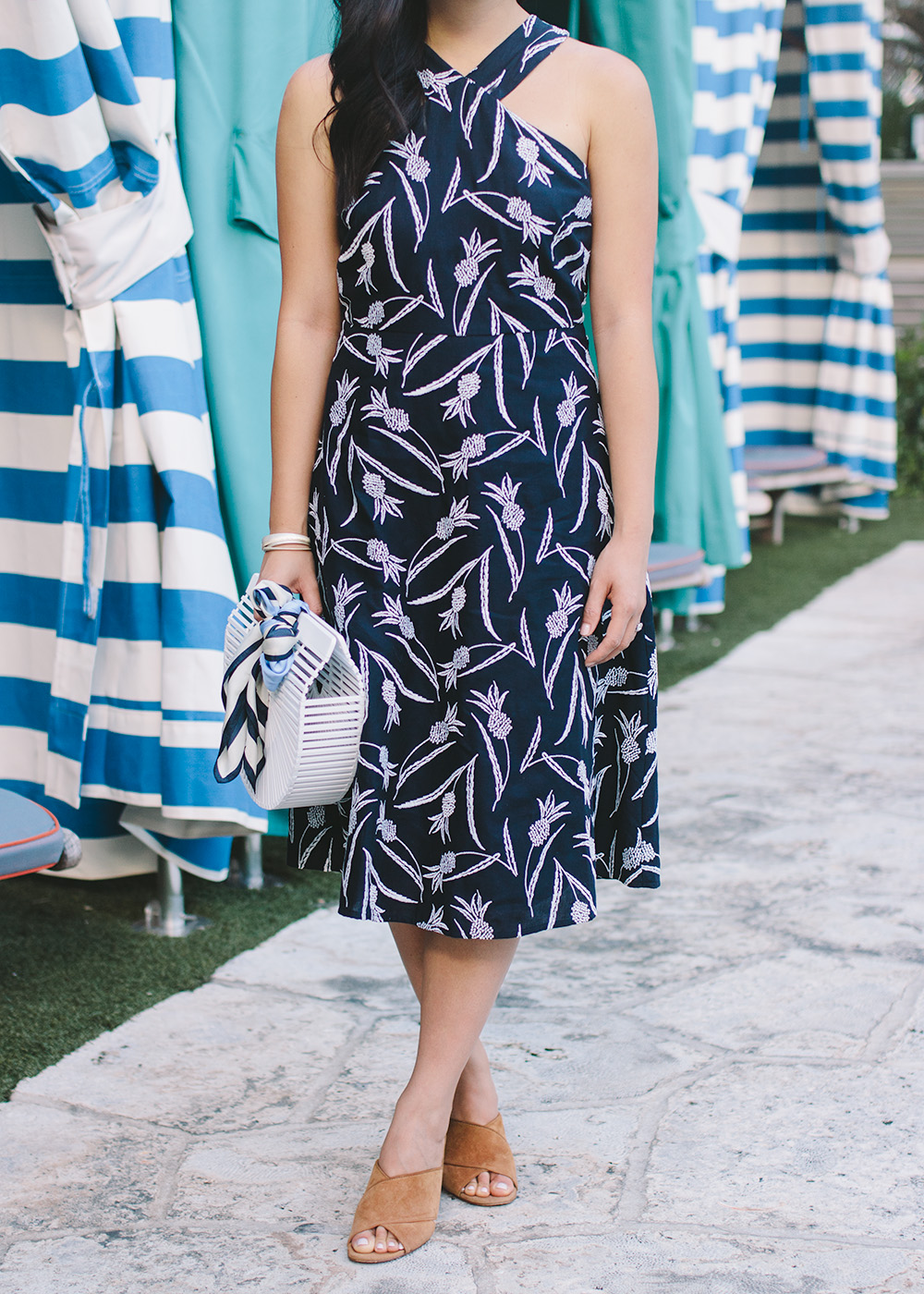 Summer Style / Pineapple Print Dress & White Bamboo Bag