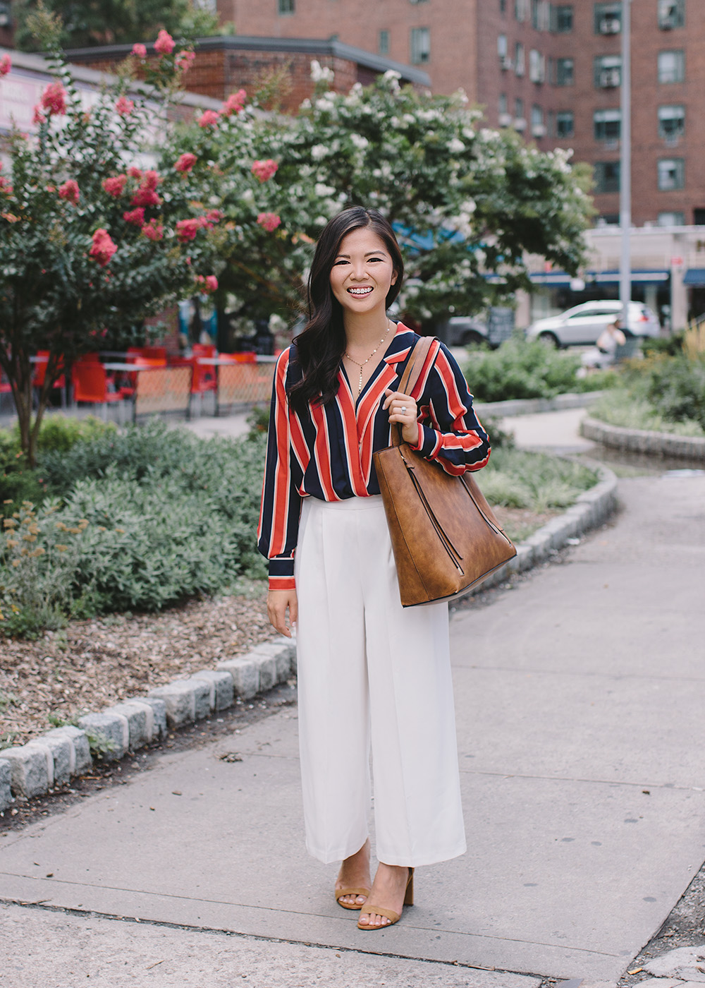 Office Style / Striped Blouse & White Culotte Pants