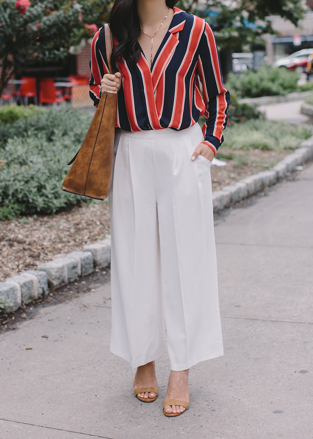 Office Style / Striped Blouse & White Culotte Pants