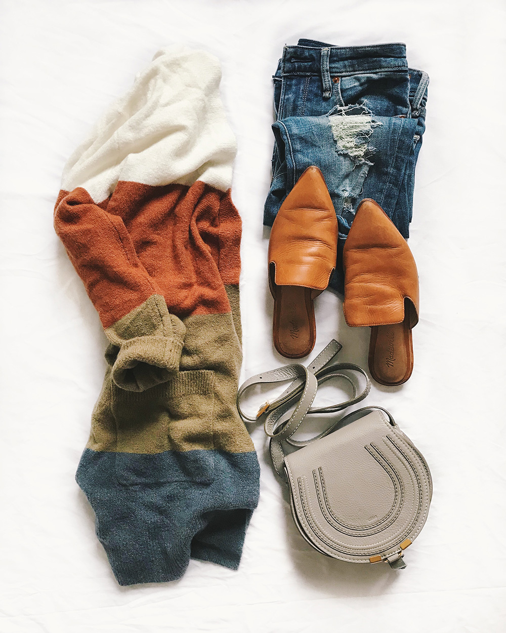 Fall Fashion Flatlay / Striped Cardigan & Ripped Jeans