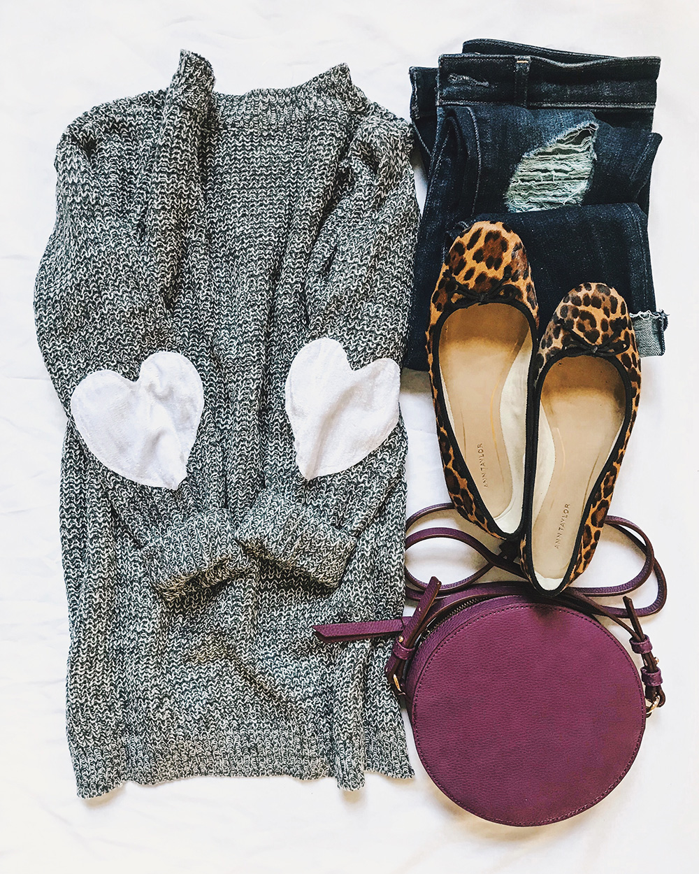 Heart Elbow Patch Sweater & Purple Circle Bag