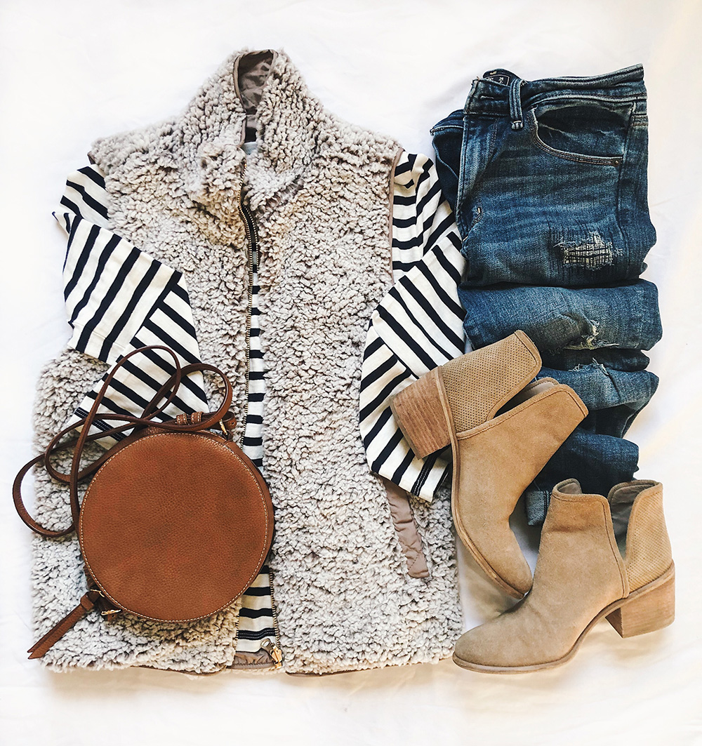 Fall Fashion Flatlay / Striped Shirt & Fuzzy Vest