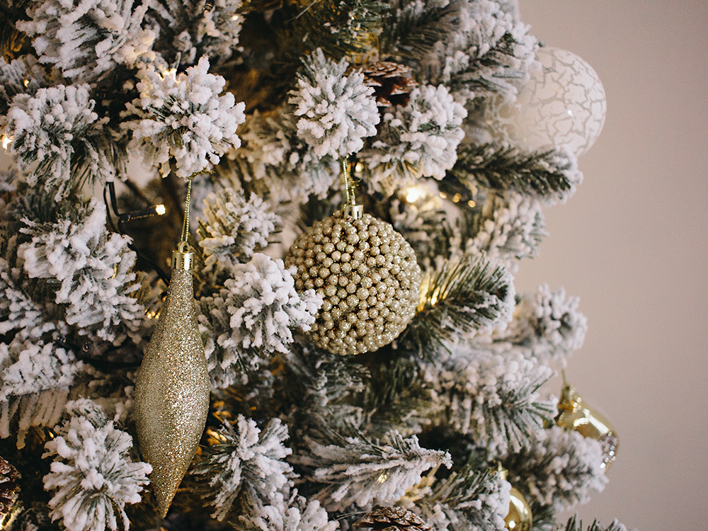 Gold & White Flocked Christmas Tree Decorations