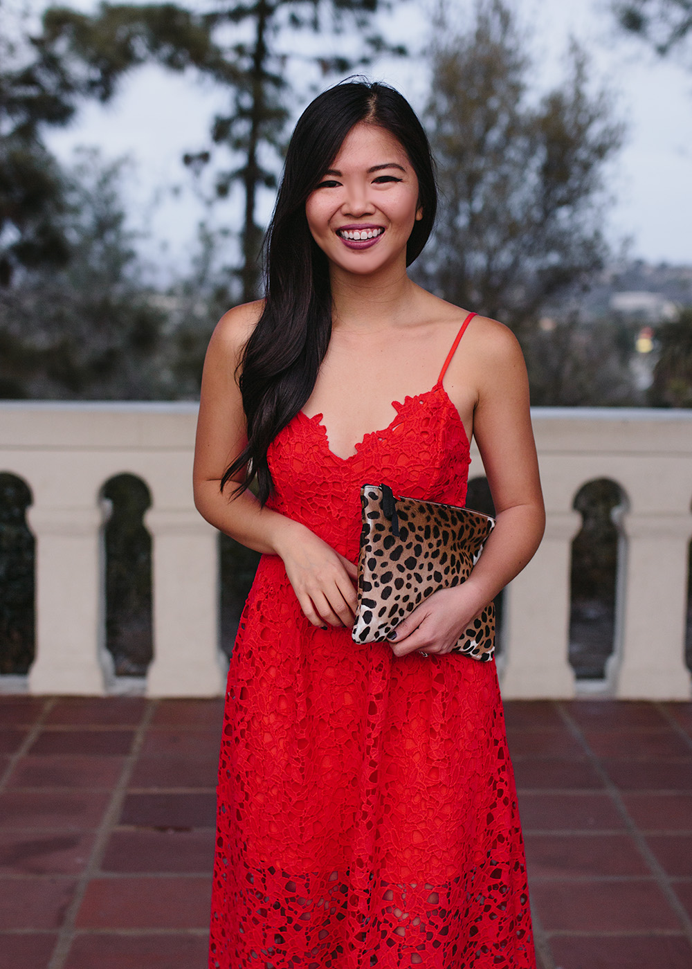 Holiday Party Outfit Idea / Red Lace Midi Dress