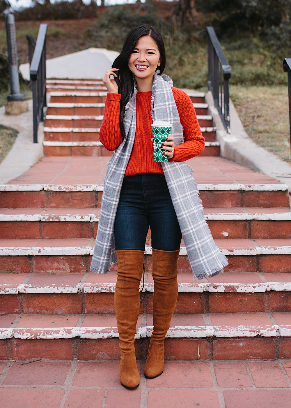 Casual Holiday Outfit / Red Sweater & Plaid Scarf