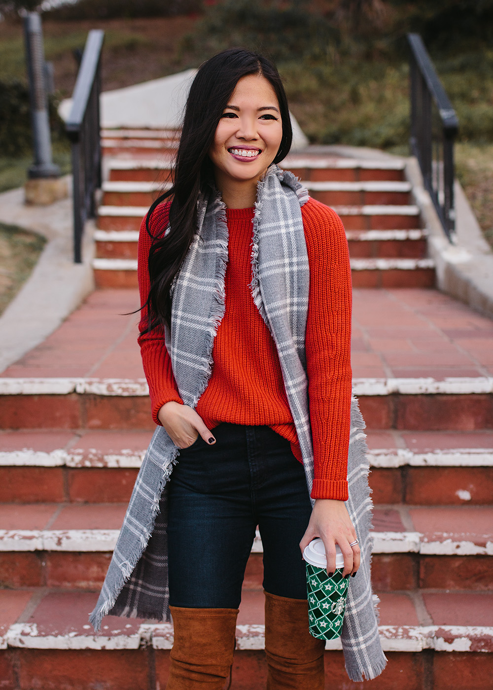 Casual Holiday Outfit Inspiration / Red Sweater & Gray Plaid Scarf