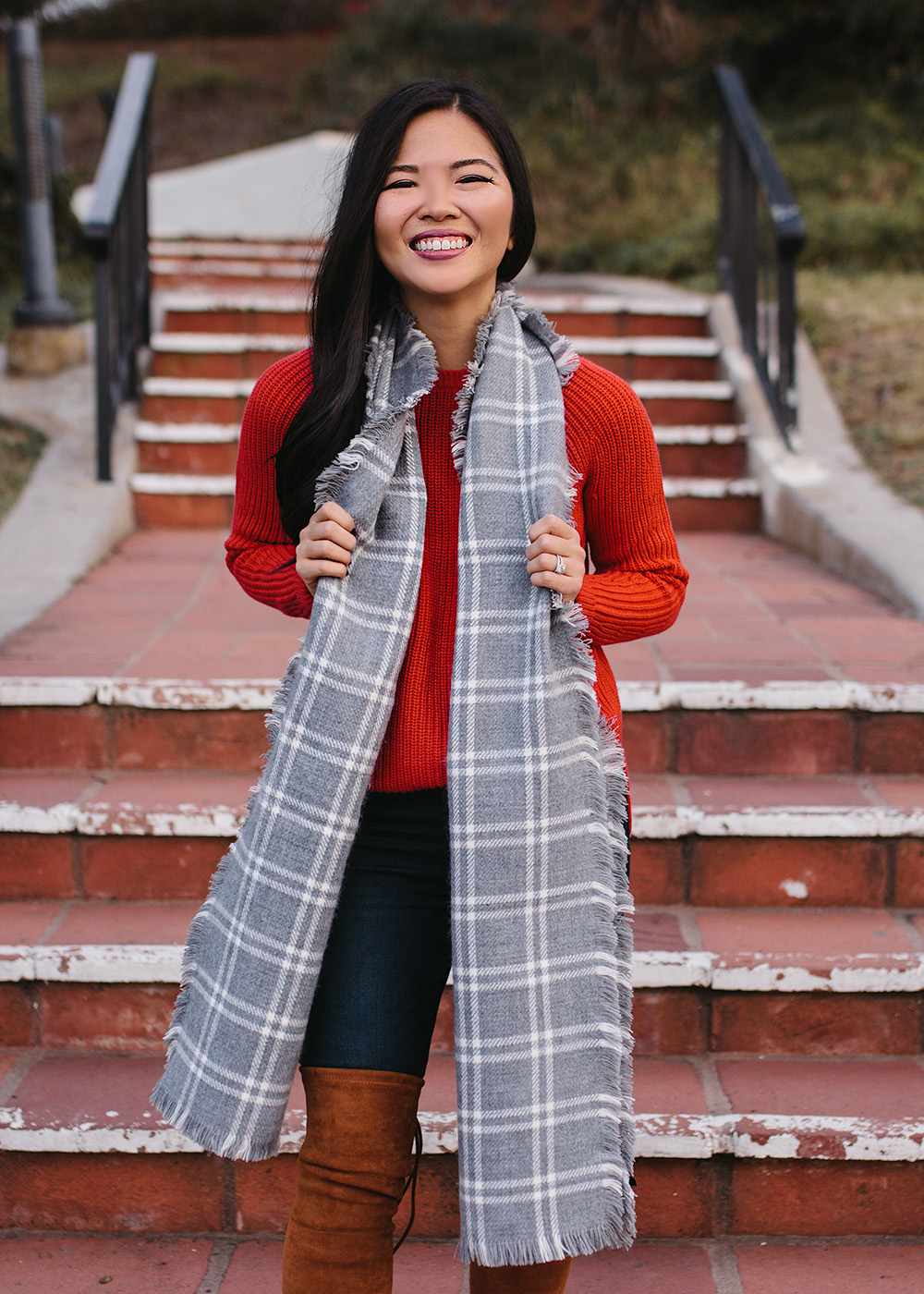 Red Holiday Sweater & Gray Plaid Scarf