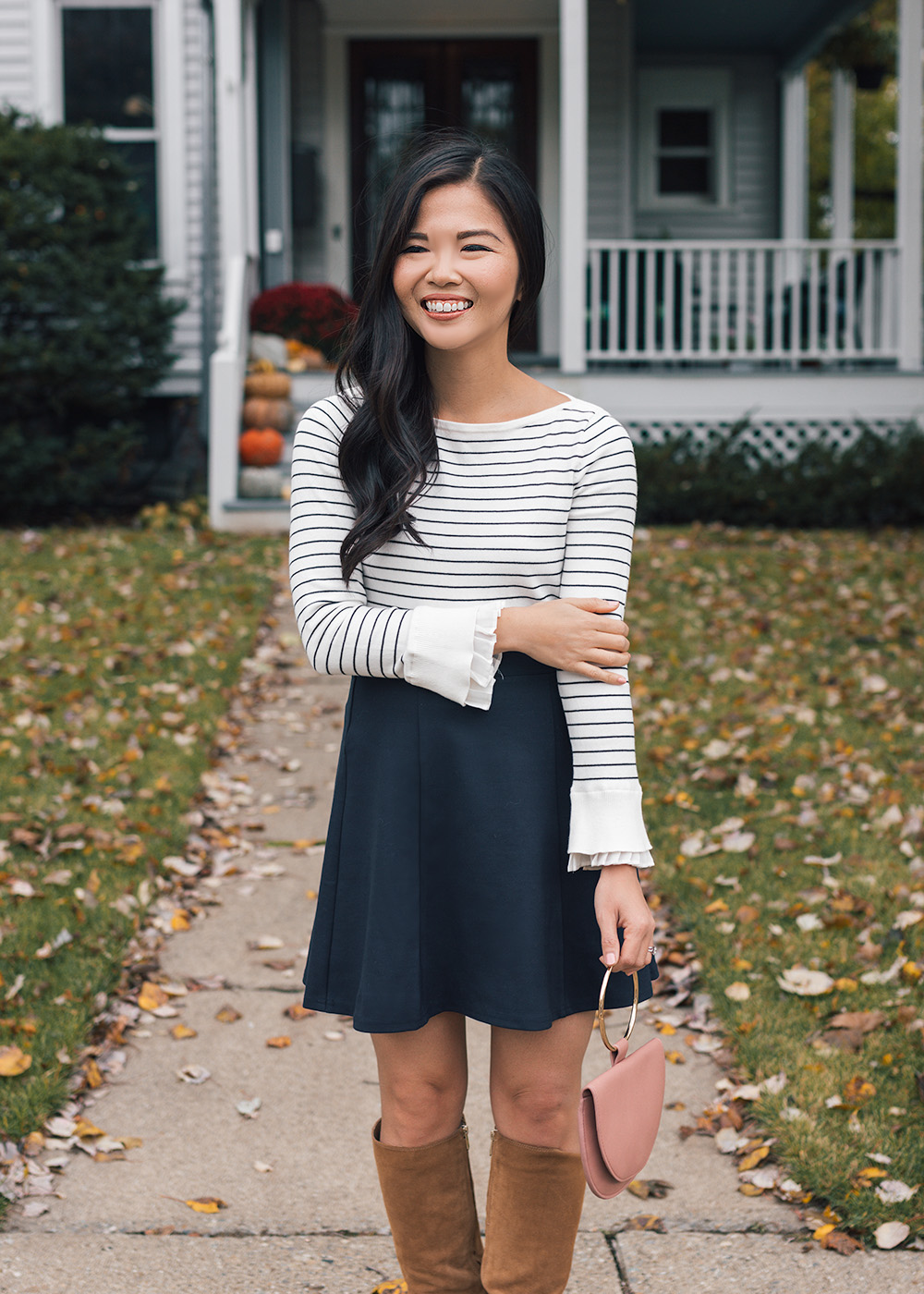 Casual Fall Outfit / Striped Sweater & Navy Flippy Skirt