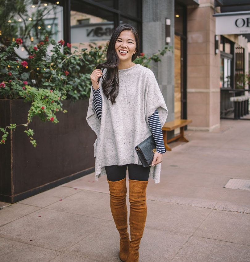 Casual Outfit Inspiration / Poncho & Over the Knee Boots