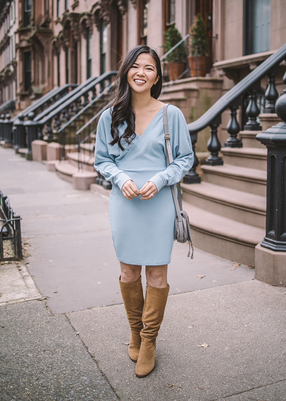 Spring Transitional Style / Blue Wrap Sweater Dress & Knee High Suede Boots