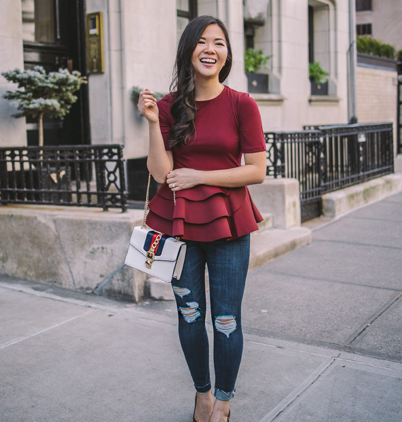 Date Night Outfit Idea / Peplum Top & Ripped Skinny Jeans