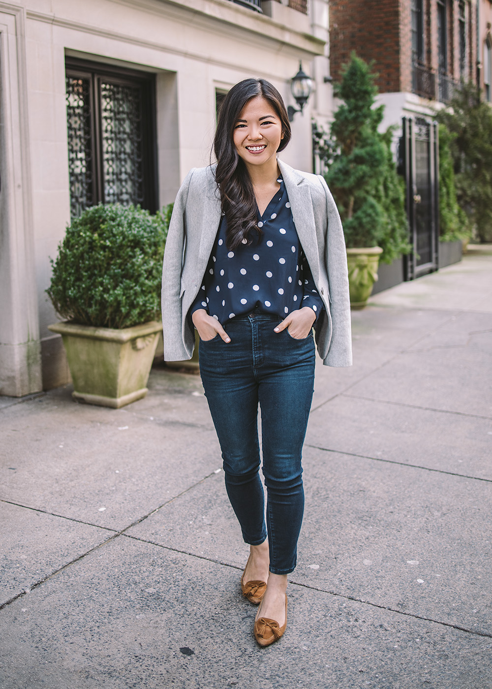 Business Casual Work Outfit Idea / Grey Blazer & Polka Dot Blouse