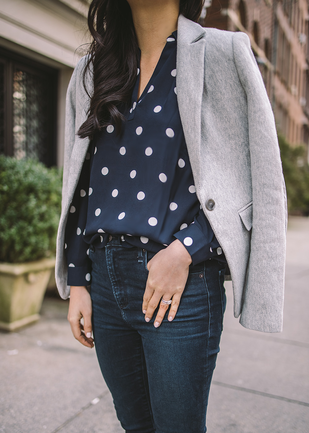 Business Casual Work Outfit Idea / Grey Blazer & Polka Dot Blouse