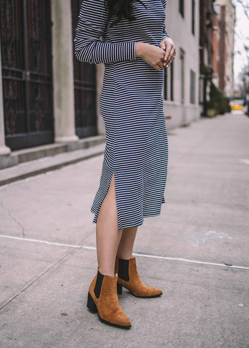 Transitional Style / Striped Midi Dress & Brown Suede Ankle BOoties