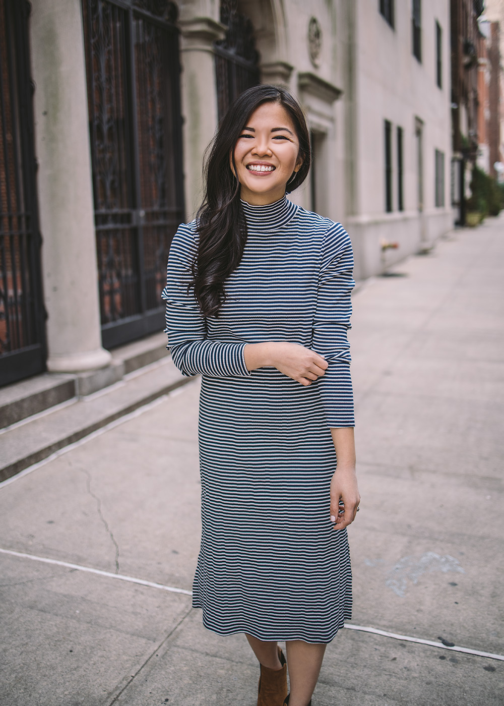 Transitional Style / Striped Midi Dress & Brown Suede Ankle BOoties