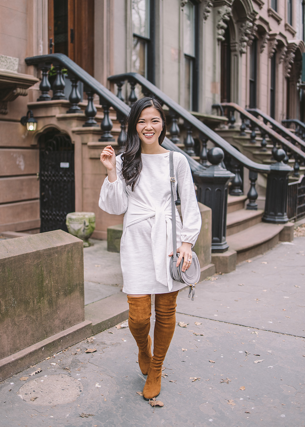 Spring Transition Outfits / White Tie Waist Dress & OTK Boots