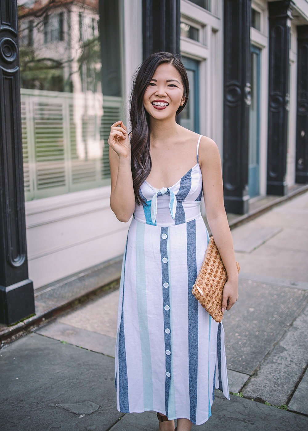 Summer Dresses / Blue & White Striped Linen Dress