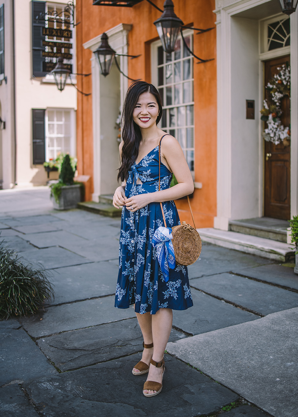 Spring Outfit Ideas / Floral Tie Front Dress & Straw Circle Bag