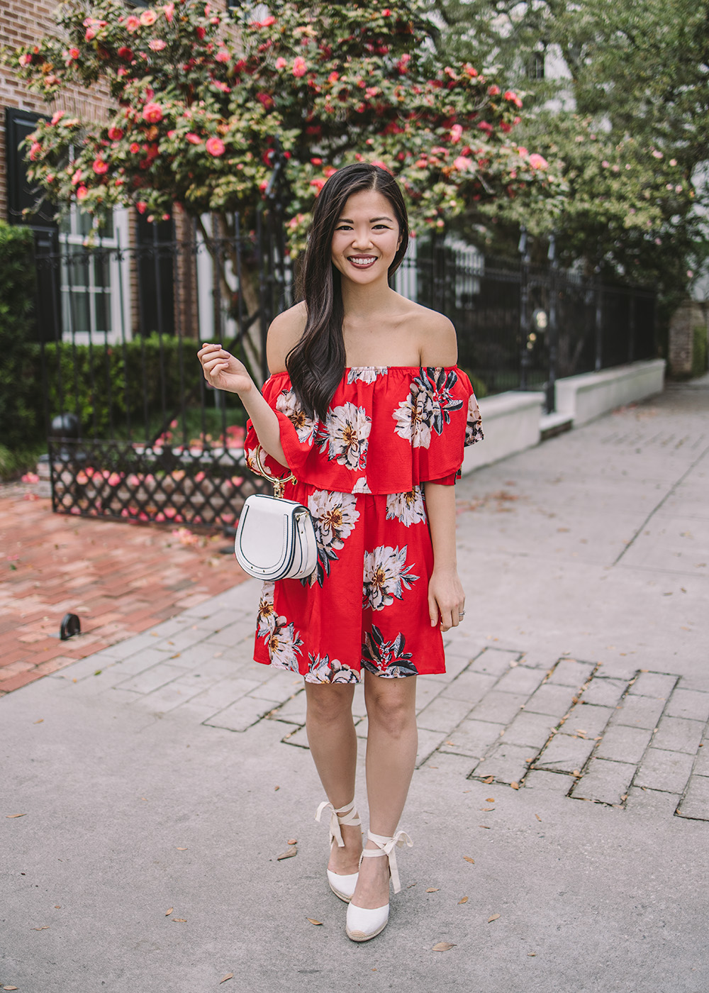 Red off the store shoulder floral dress