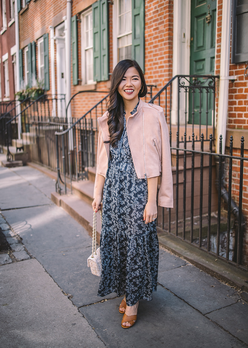 Spring Outfit Idea / Pink Moto Jacket & Navy Floral Maxi Dress