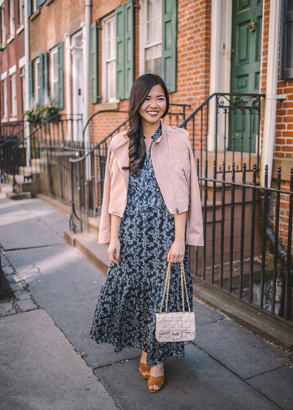 Spring Outfit Idea / Pink Moto Jacket & Navy Floral Maxi Dress