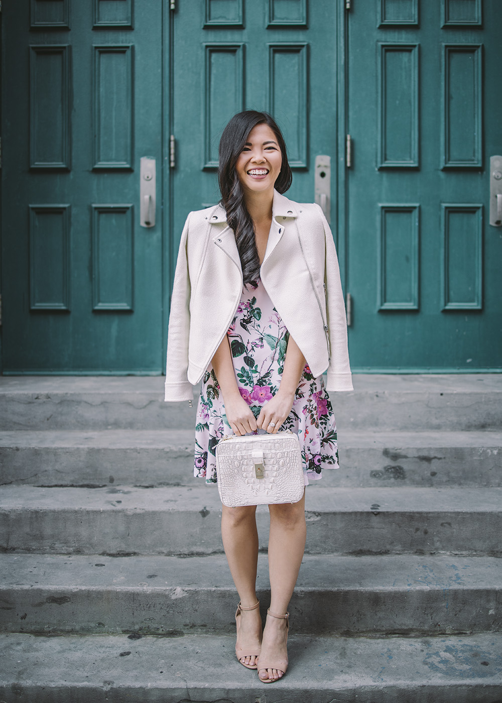 Spring Style / Pink Floral Dress & White Moto Jacket