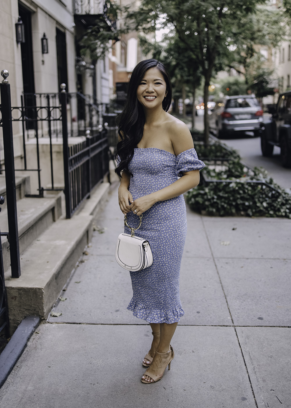 Summer Wedding Guest Dress: Blue Floral Off the Shoulder Dress