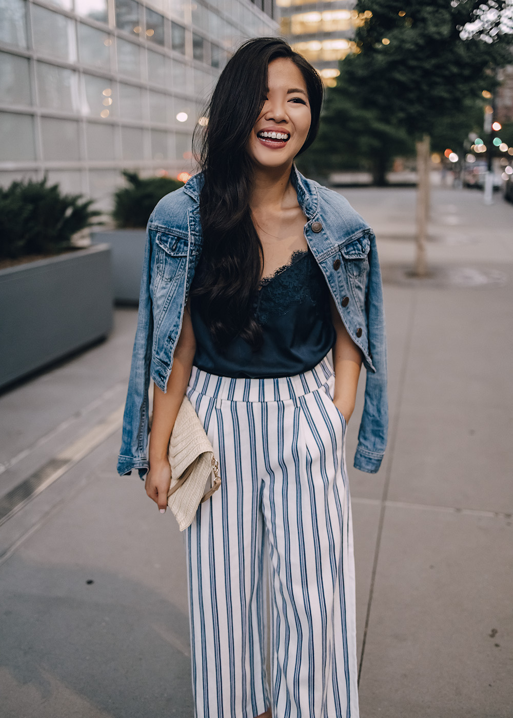 Casual Outfit for Women: Denim Jacket, Navy Lace Cami, Blue & White Striped Pants