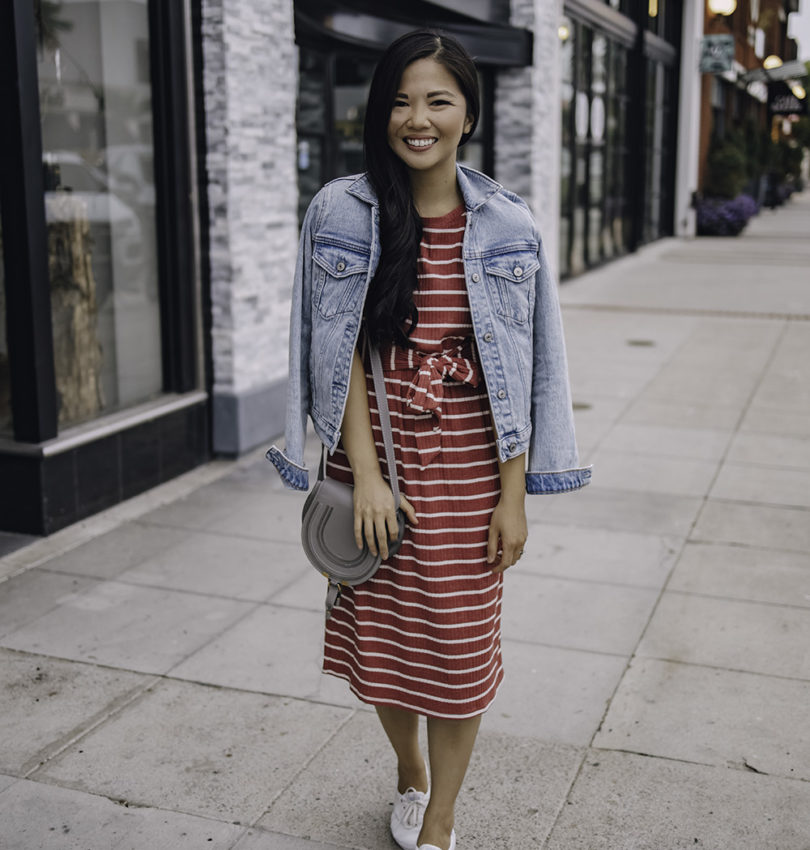 Casual Summer Outfit for Women: Striped T-Shirt Dress & Denim Jacket
